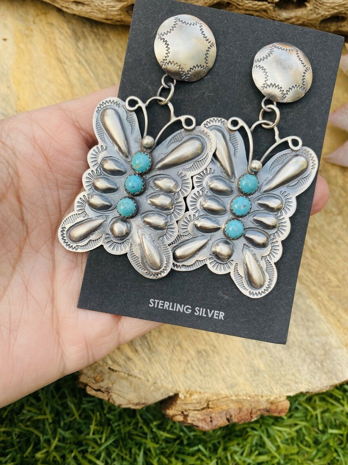 Handcrafted Turquoise & Sterling Silver Butterfly Dangle Earrings By Tim Yazzie