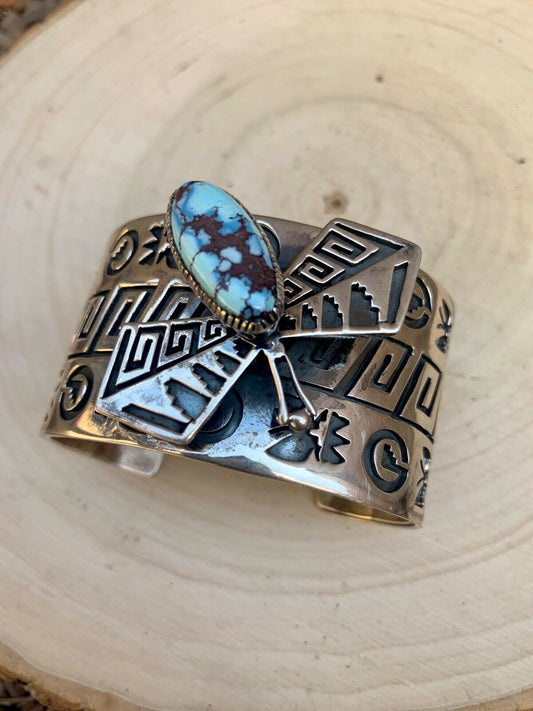 Handcrafted Sterling Silver & Golden Hills Turquoise Dragonfly Cuff  Bracelet, Signed RB