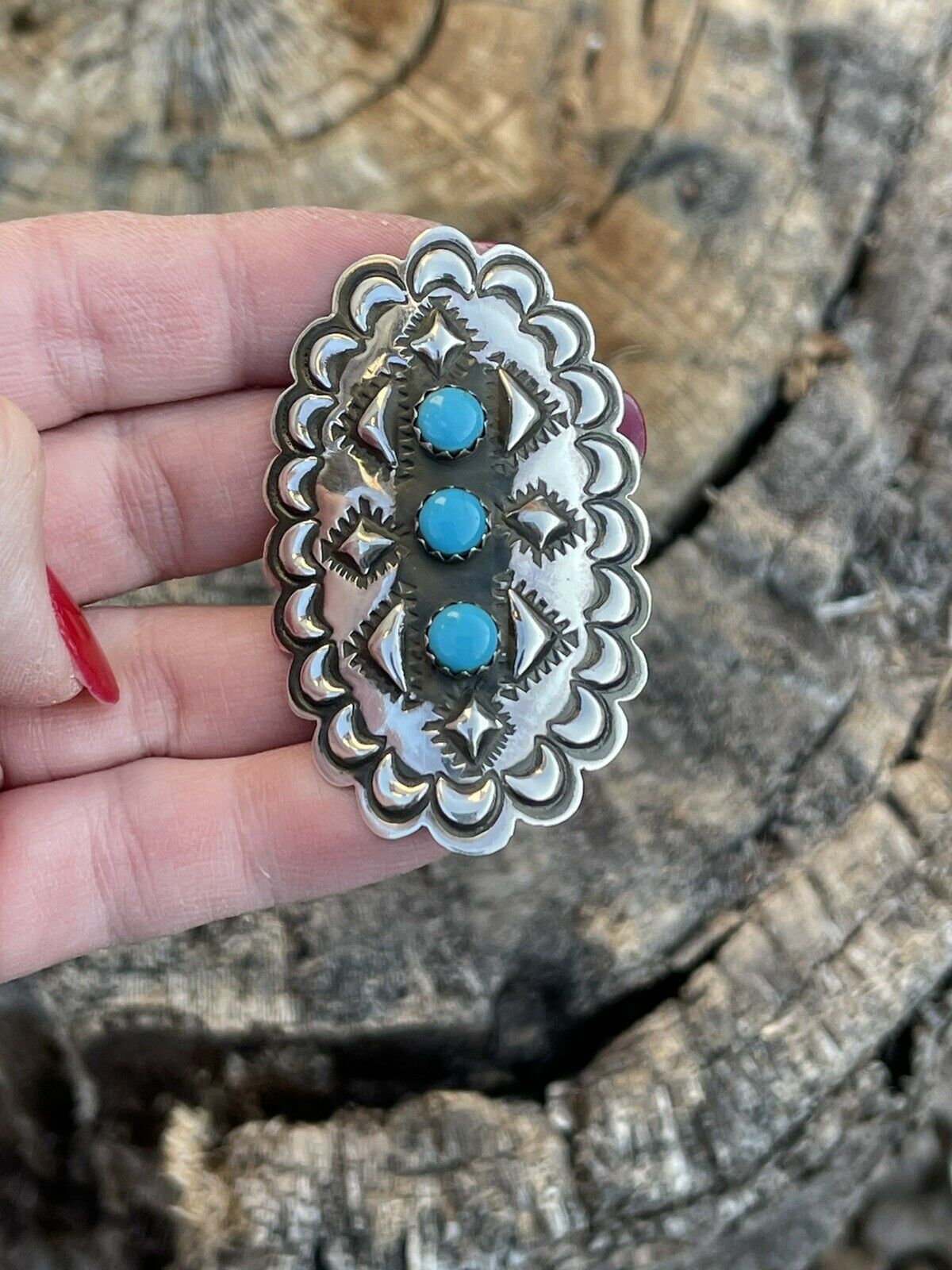 Handcrafted 3 Stone Turquoise & Sterling Silver Concho Ring Adjustable Signed L.Tahe