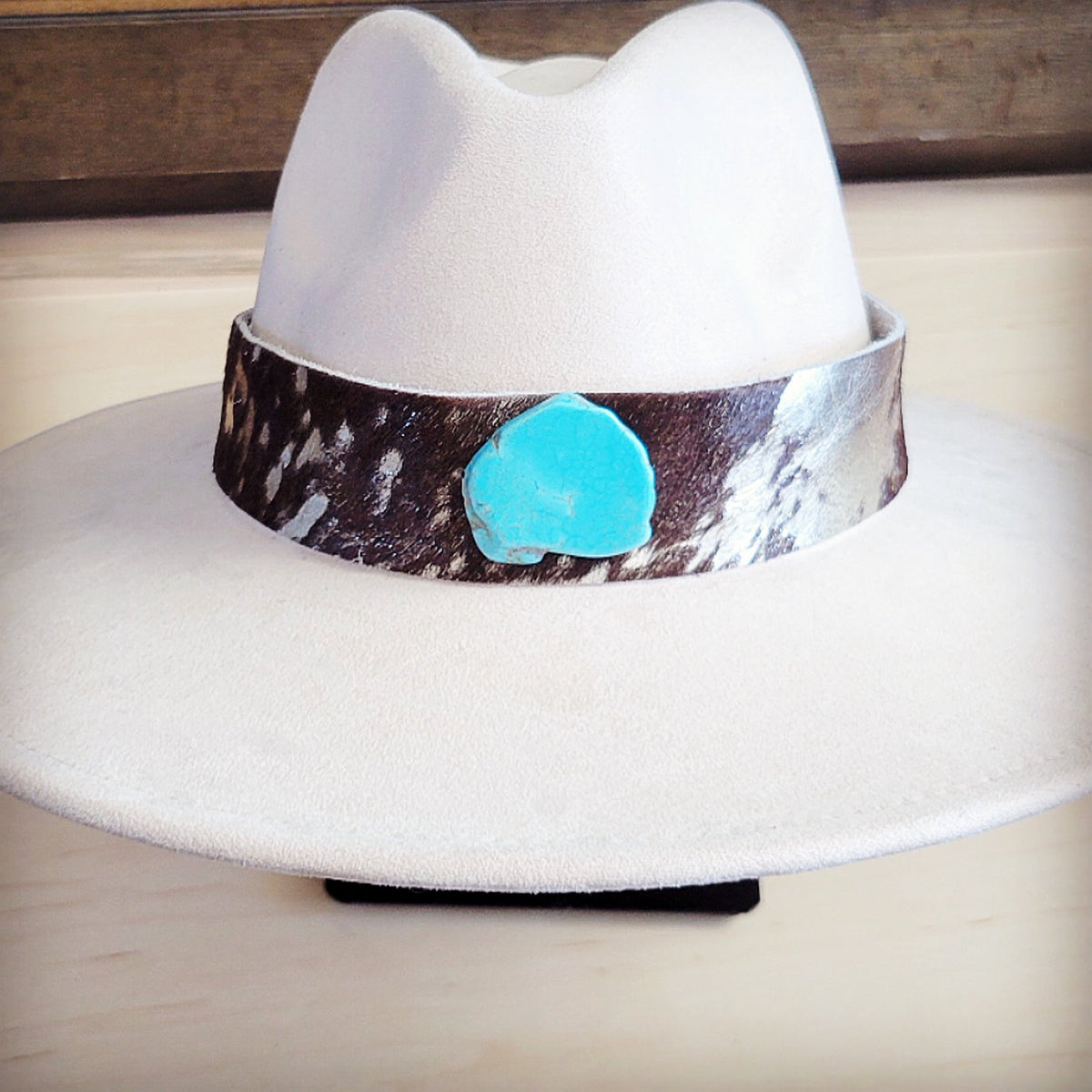 Wide Hair Hide Silver Metallic Hat Band w/ Turquoise 953L