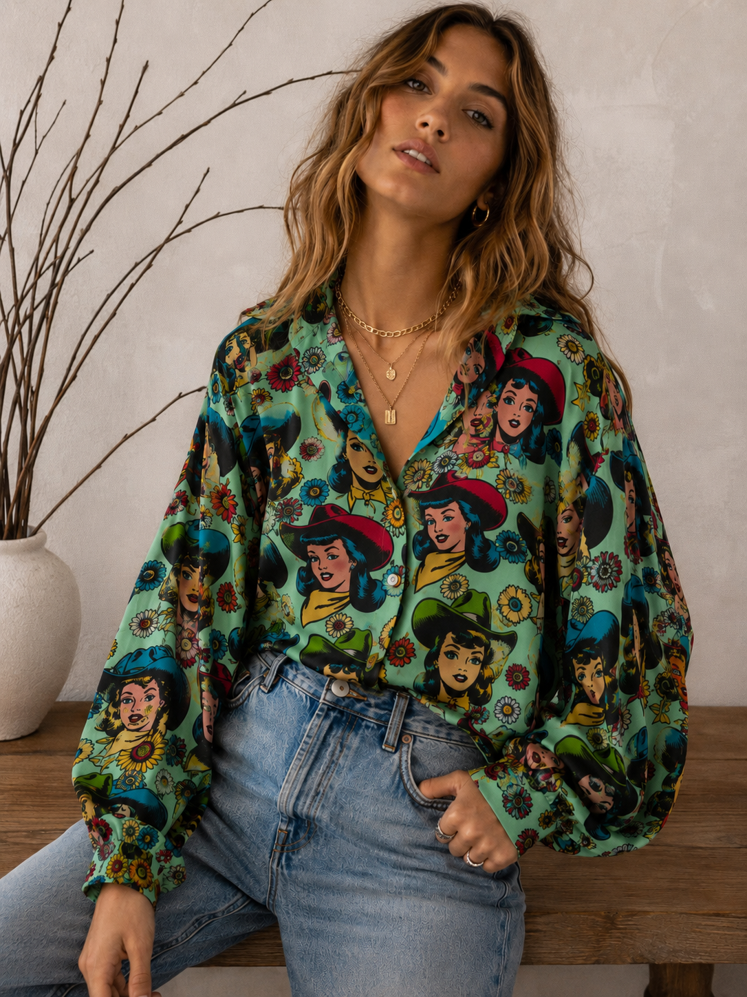 Texas Hold 'Em Retro Comic Cowgirl Button Up Mesh Blouse