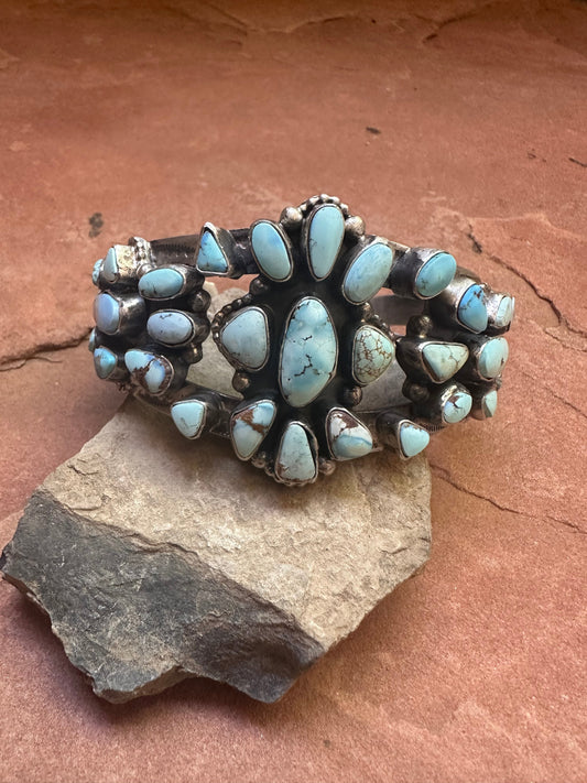 Handcrafted Golden Hills Turquoise & Sterling Silver Cluster Cuff Bracelet Signed B Johnson /