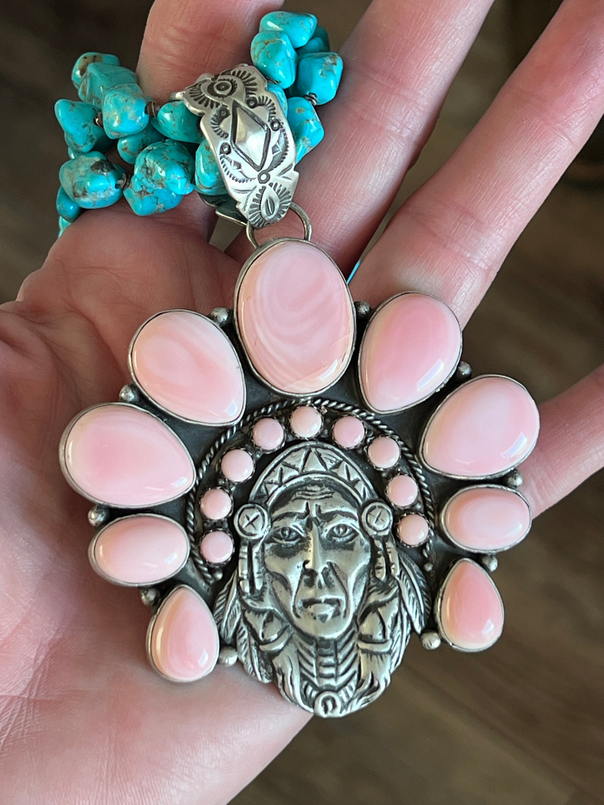 Handcrafted Sterling Silver Pink Conch Chief and Triple Strand Turquoise Nugget Bead Necklace by Patrick Yazzie