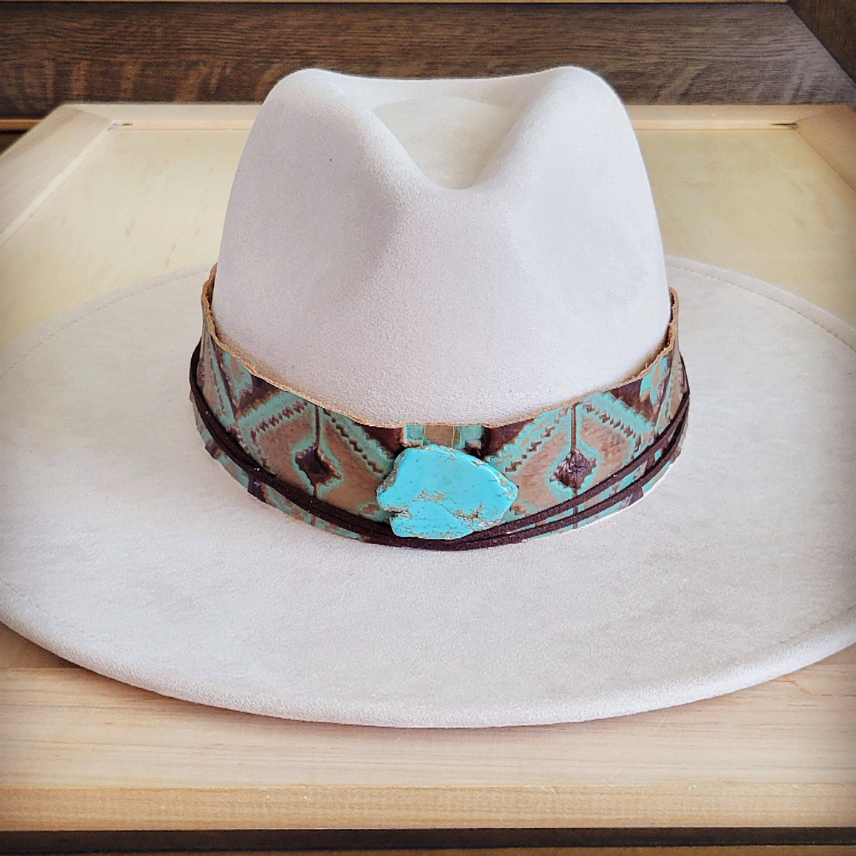 **Wide Genuine Leather Turquoise Navajo Hat Band w/ Turq 953i