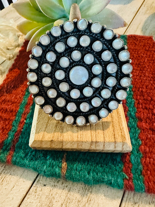 Handcrafted Sterling Silver & Mother of Pearl Cluster Ring Size 8.5