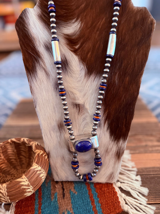 Handcrafted Lapis, Spiny & Sterling Silver Beaded Jacla Necklace