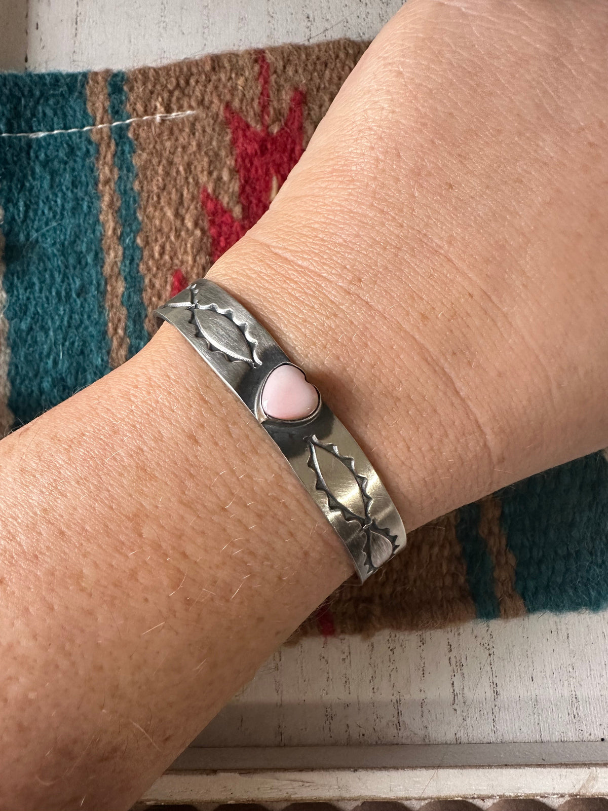 Handcrafted Sterling Silver & Queen Pink Conch Heart Cuff Bracelet