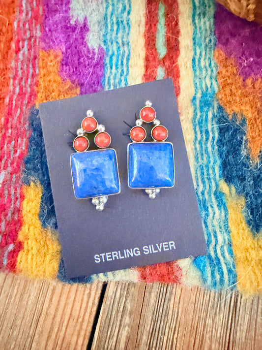 Handcrafted Lapis, Coral & Sterling Silver Clip On Earrings