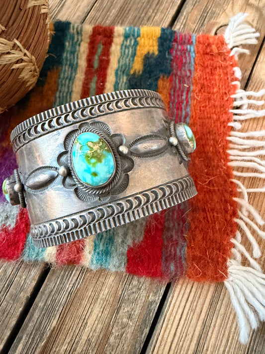 Handcrafted Sonoran Mountain Turquoise & Sterling Silver Cuff Bracelet By Aaron Toadlena
