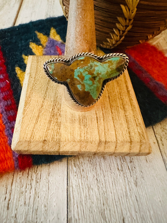 Handcrafted Royston Turquoise & Sterling Silver Bullhead Adjustable Ring by P. Yazzie