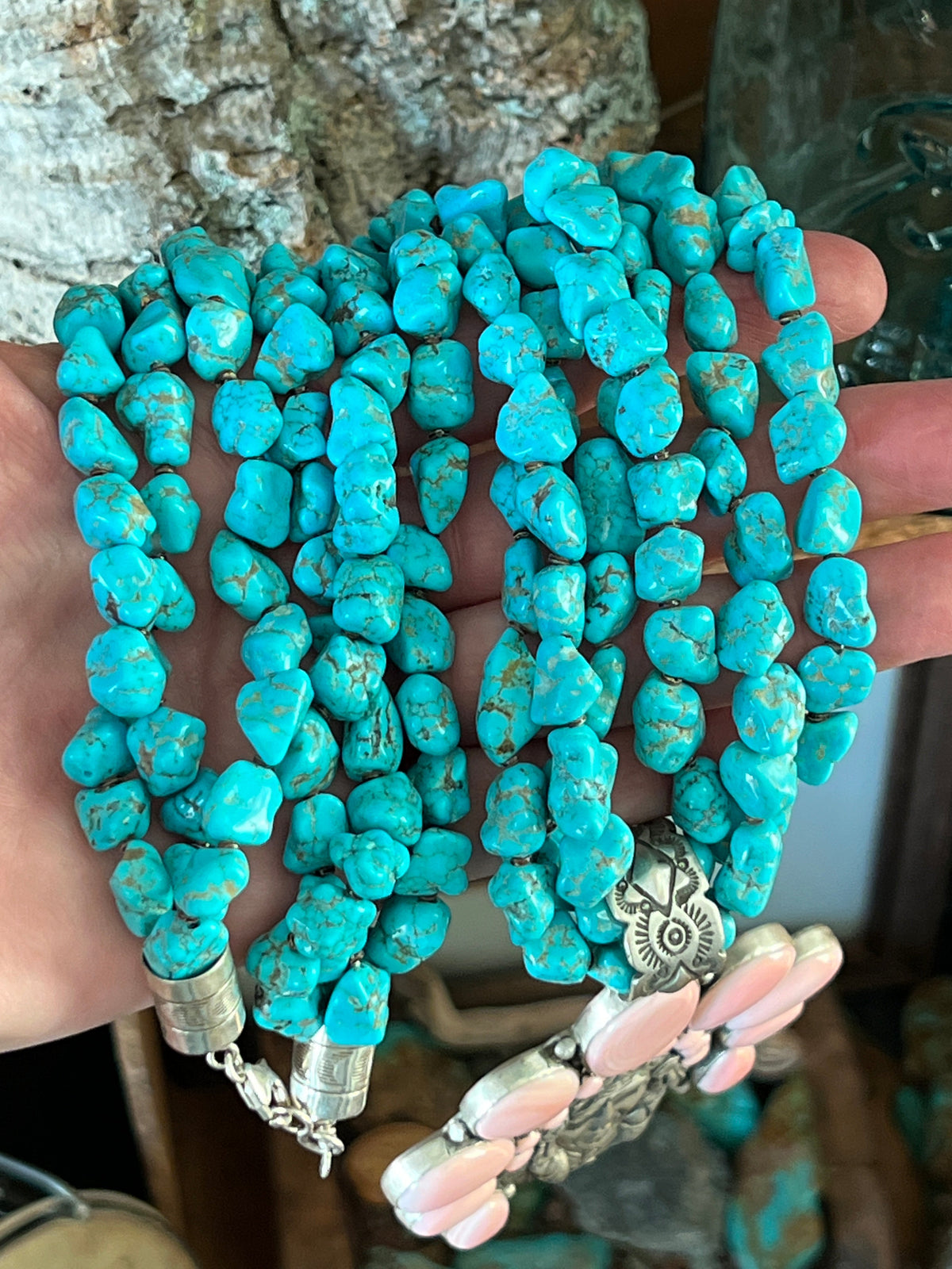 Handcrafted Sterling Silver Pink Conch Chief and Triple Strand Turquoise Nugget Bead Necklace by Patrick Yazzie