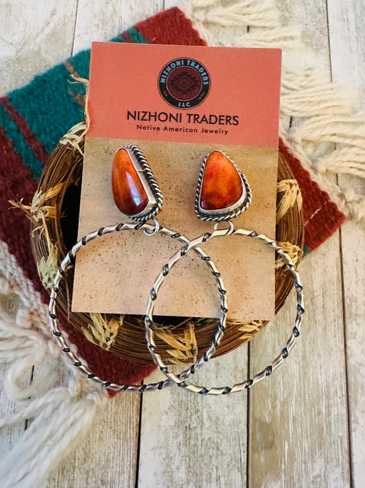 Handcrafted Orange Spiny and Sterling Silver Dangle Hoop Earrings