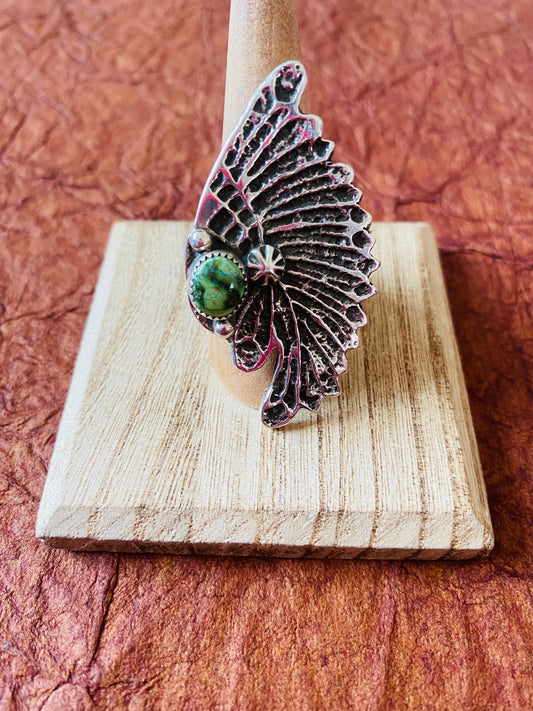 Handcrafted Sonoran Gold Turquoise & Sterling Silver Indian Chief Ring Size 9