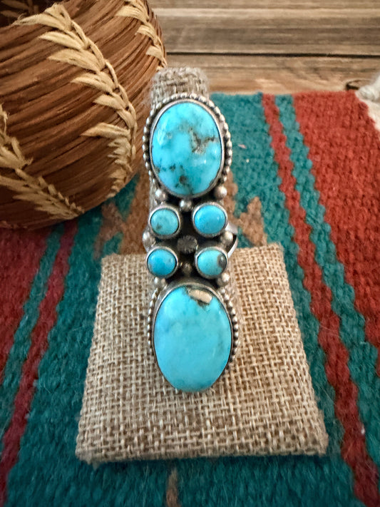 Handcrafted Kingman Turquoise & Sterling Silver Cluster Ring Size 8.5 by Sheila Becenti