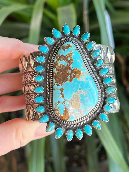 Sterling Silver & Royston Turquoise Cluster Cuff Bracelet by Glenn Livingston