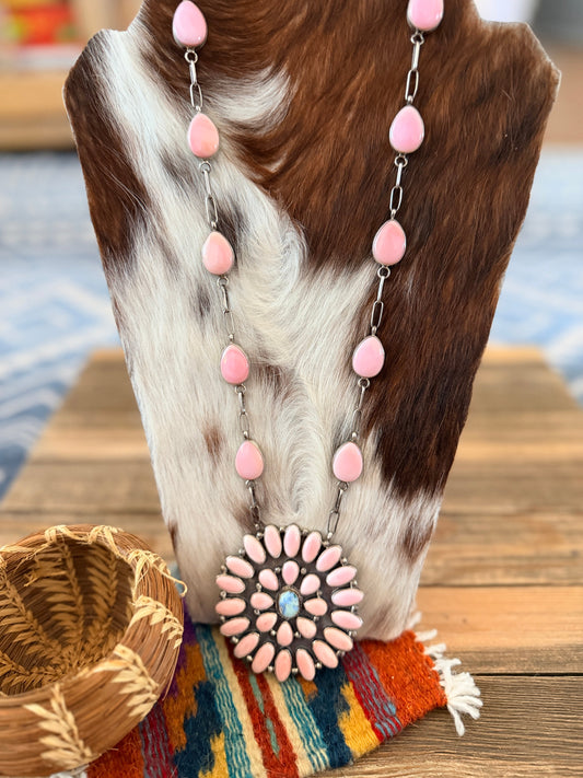 Handcrafted Queen Pink Conch, Turquoise & Sterling Silver Cluster Necklace by Fred Francis