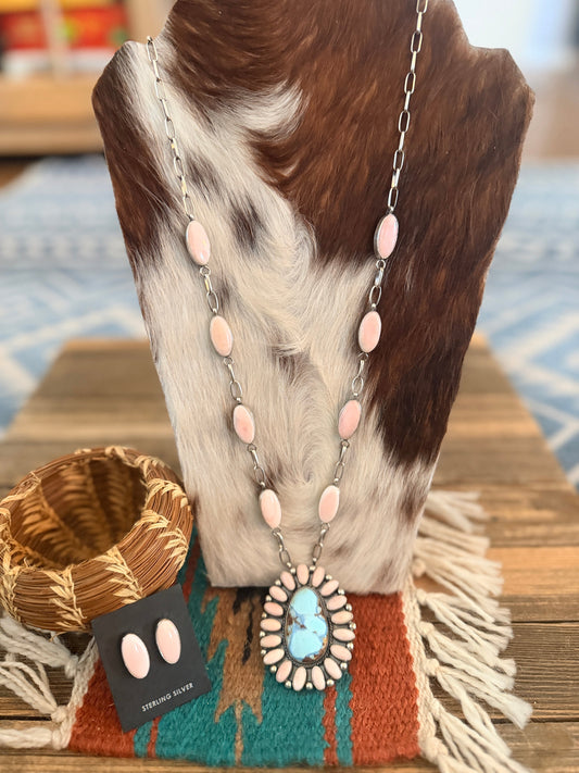 Handcrafted Queen Pink Conch, Turquoise & Sterling Silver Cluster Necklace Set