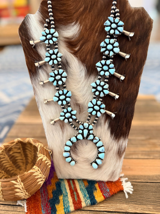 Handcrafted Golden Hills Turquoise & Sterling Silver Beaded Squash Blossom Necklace by Pansy Johnson