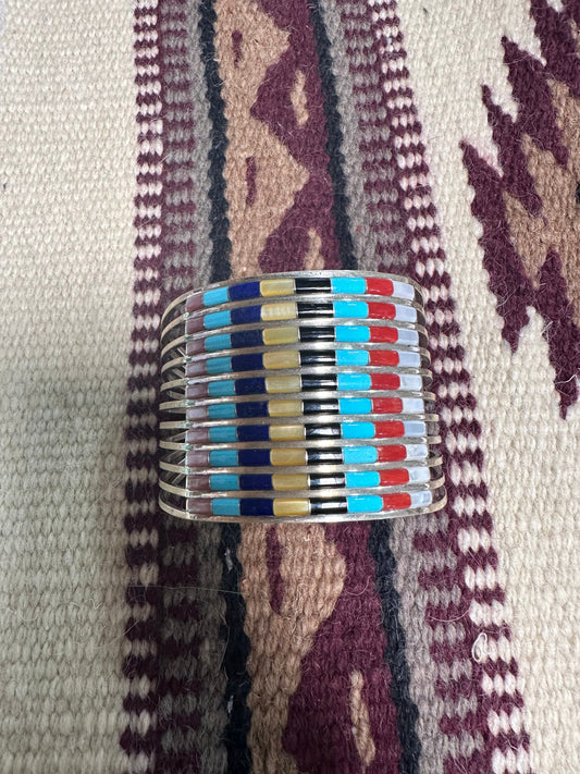 Handcrafted Multi Stone & Sterling Silver Inlay Cuff Bracelet Signed