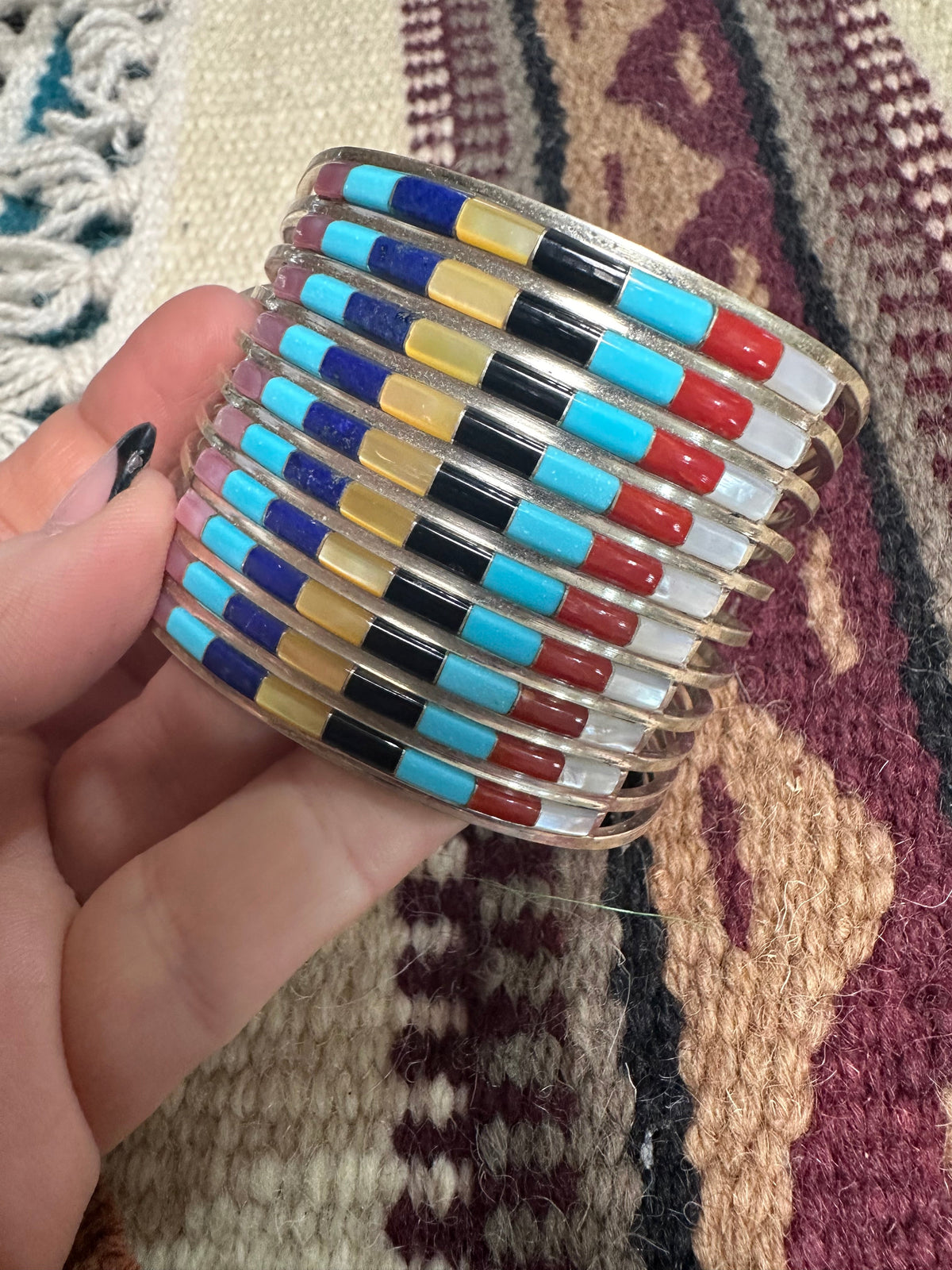 Handcrafted Multi Stone & Sterling Silver Inlay Cuff Bracelet Signed