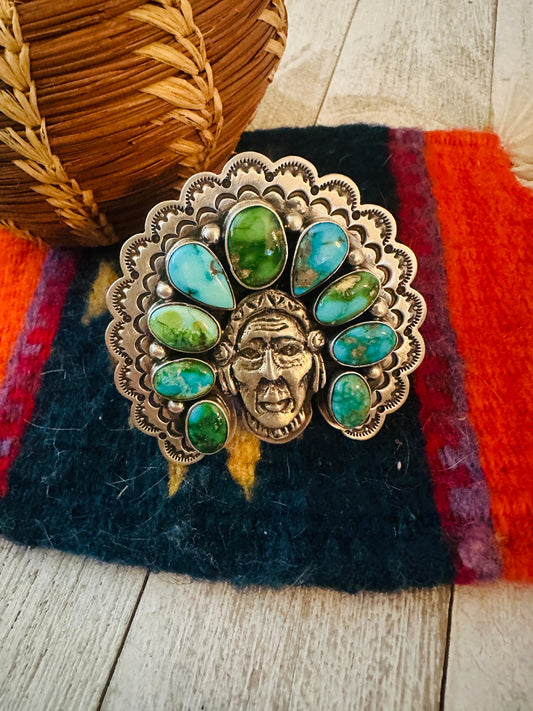 Handcrafted Sonoran Mountain Turquoise & Sterling Silver Indian Chief Adjustable Ring
