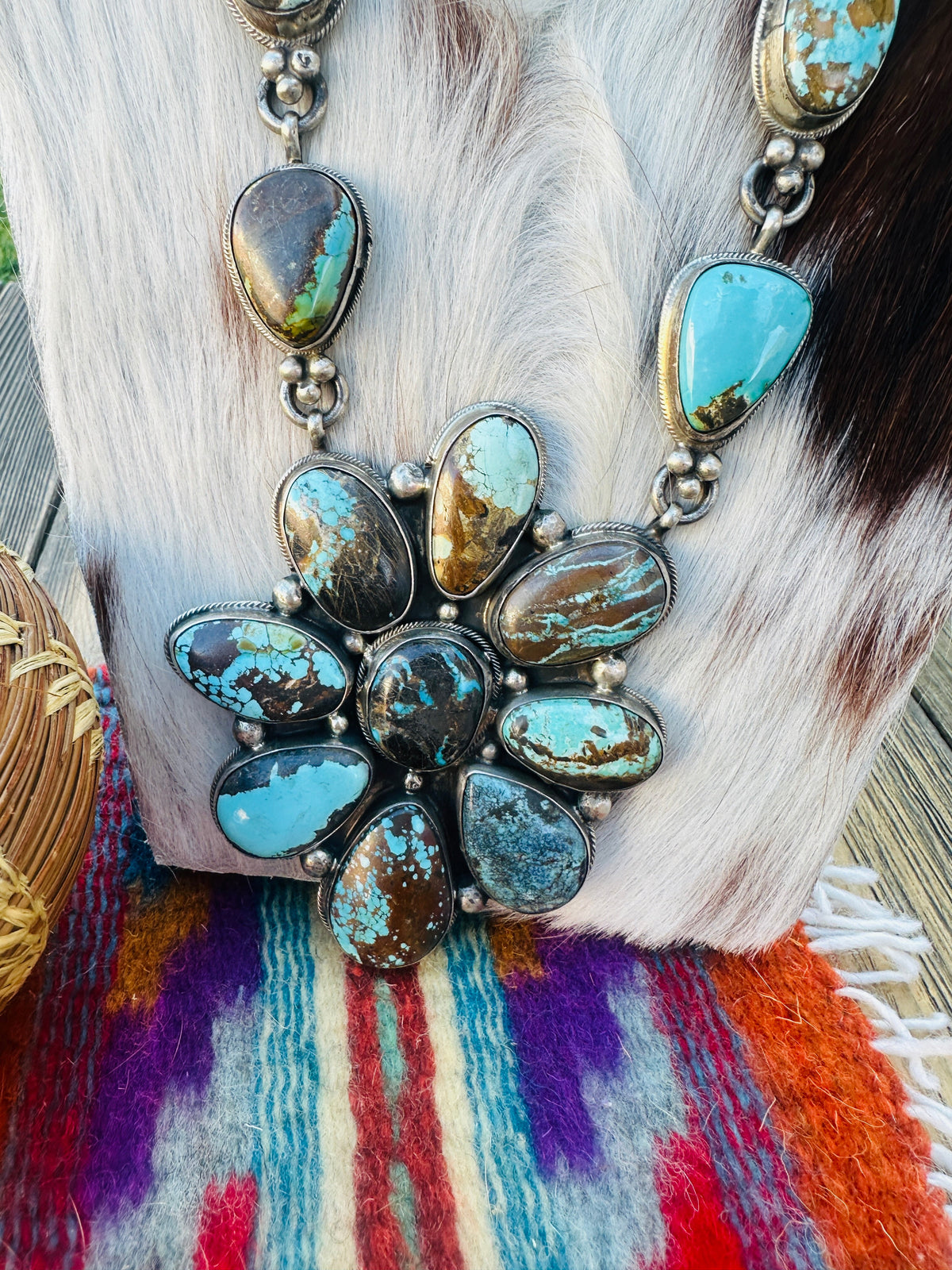 Handcrafted Royston Turquoise & Sterling Silver Cluster Necklace by Travis Jim