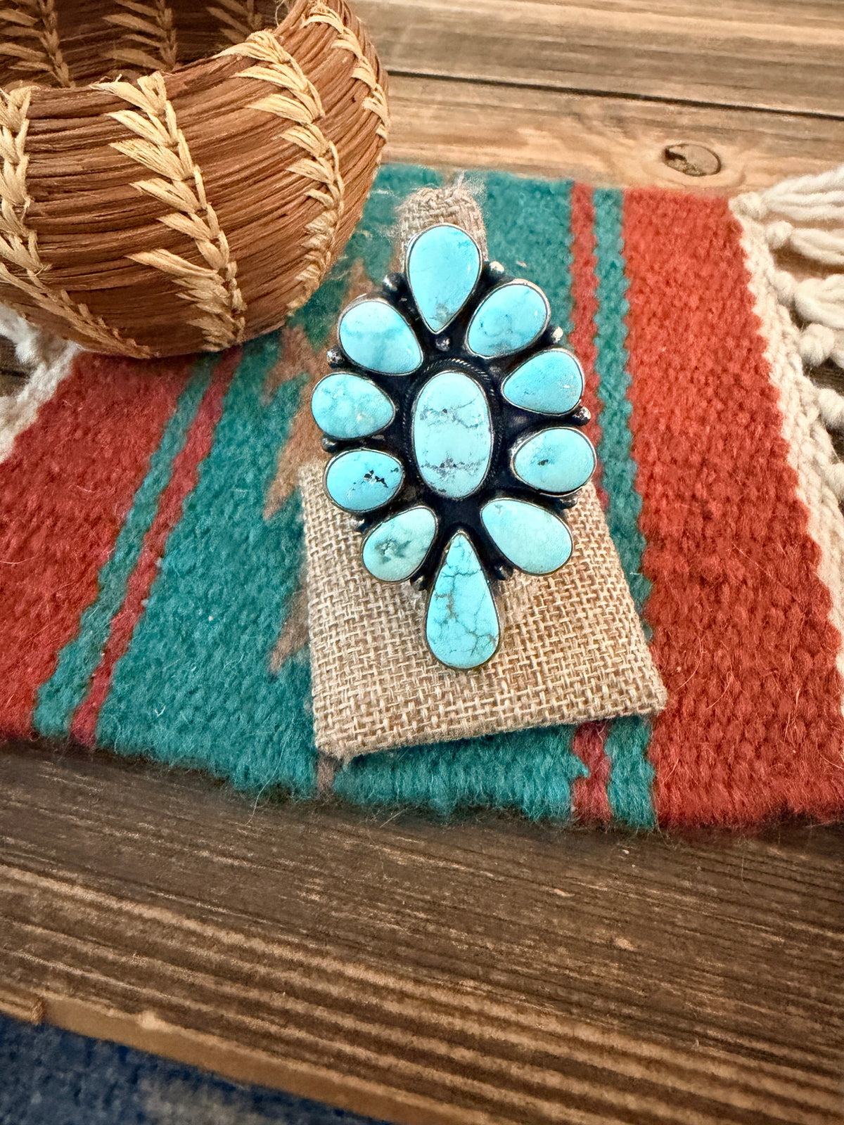 Handcrafted Kingman Turquoise & Sterling Silver Cluster Ring Size 9 by Sheila Becenti