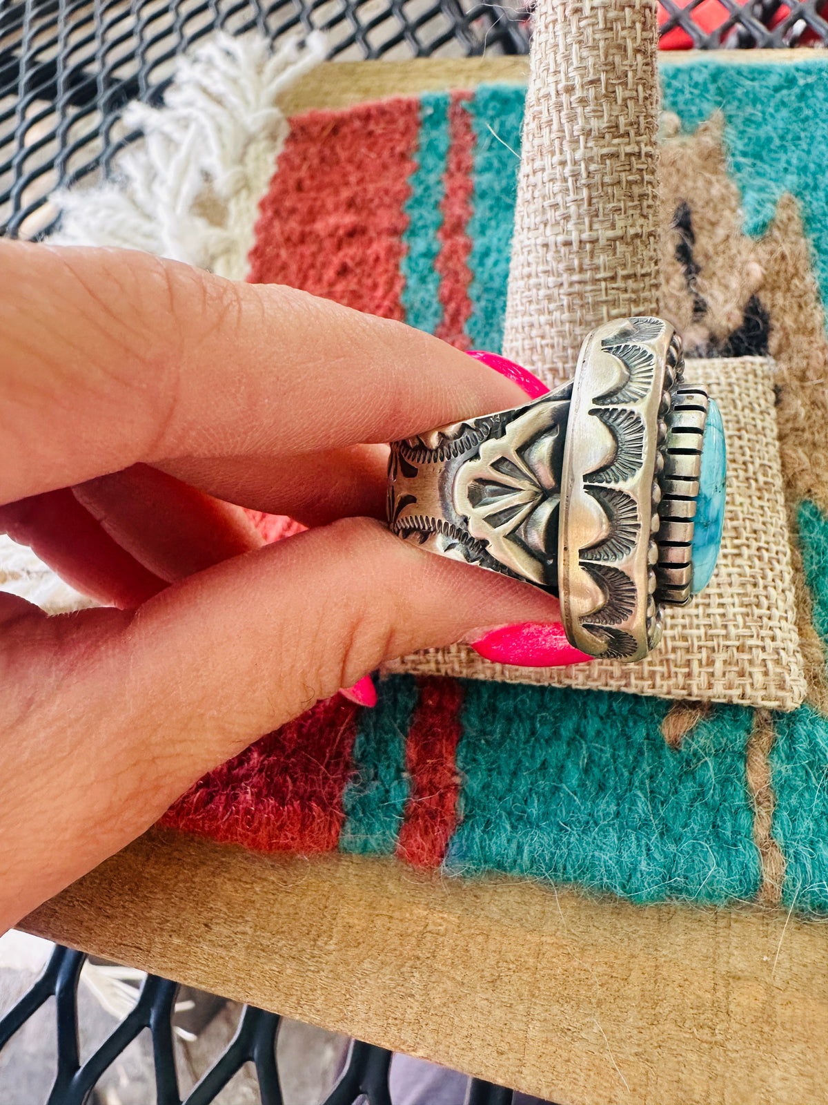 Handcrafted Sterling Silver & Turquoise Ring Size 7 by Mark Yazzie