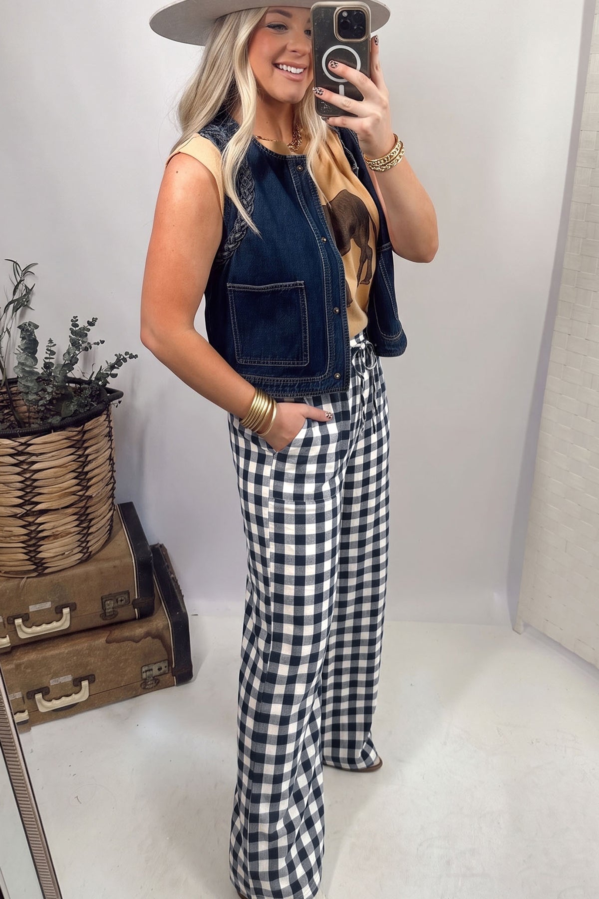 Brown Gingham Plaid Tie Elastic Waist Shift Pants