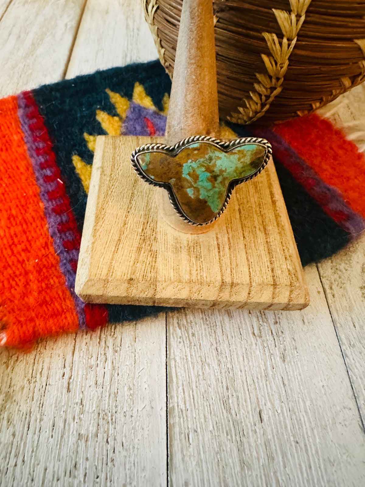 Handcrafted Royston Turquoise & Sterling Silver Bullhead Adjustable Ring by P. Yazzie