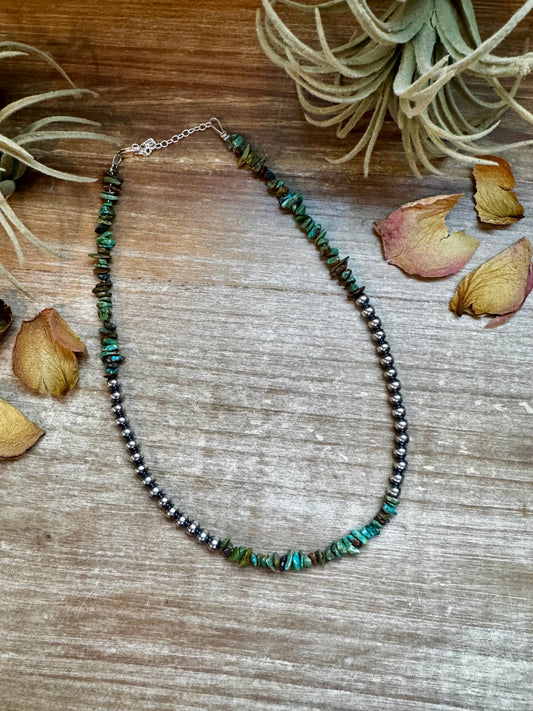 Sterling Silver Pearl & Turquoise Necklace – 16" + Extender