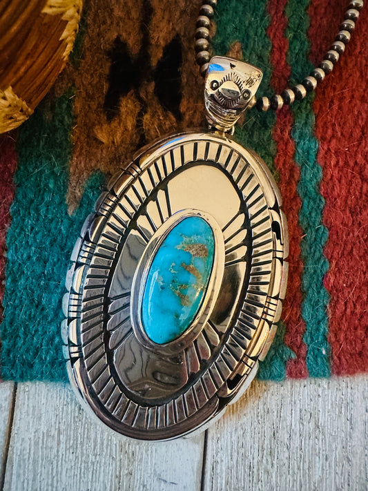 Handcrafted Sonoran Gold Turquoise &  Sterling Silver Pendant, Signed LK