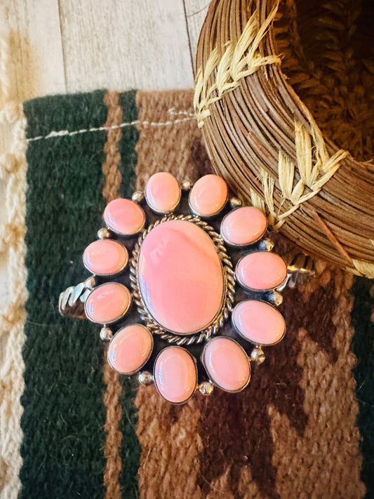 Handcrafted Queen Pink Conch Shell & Sterling Silver Cluster Cuff Bracelet