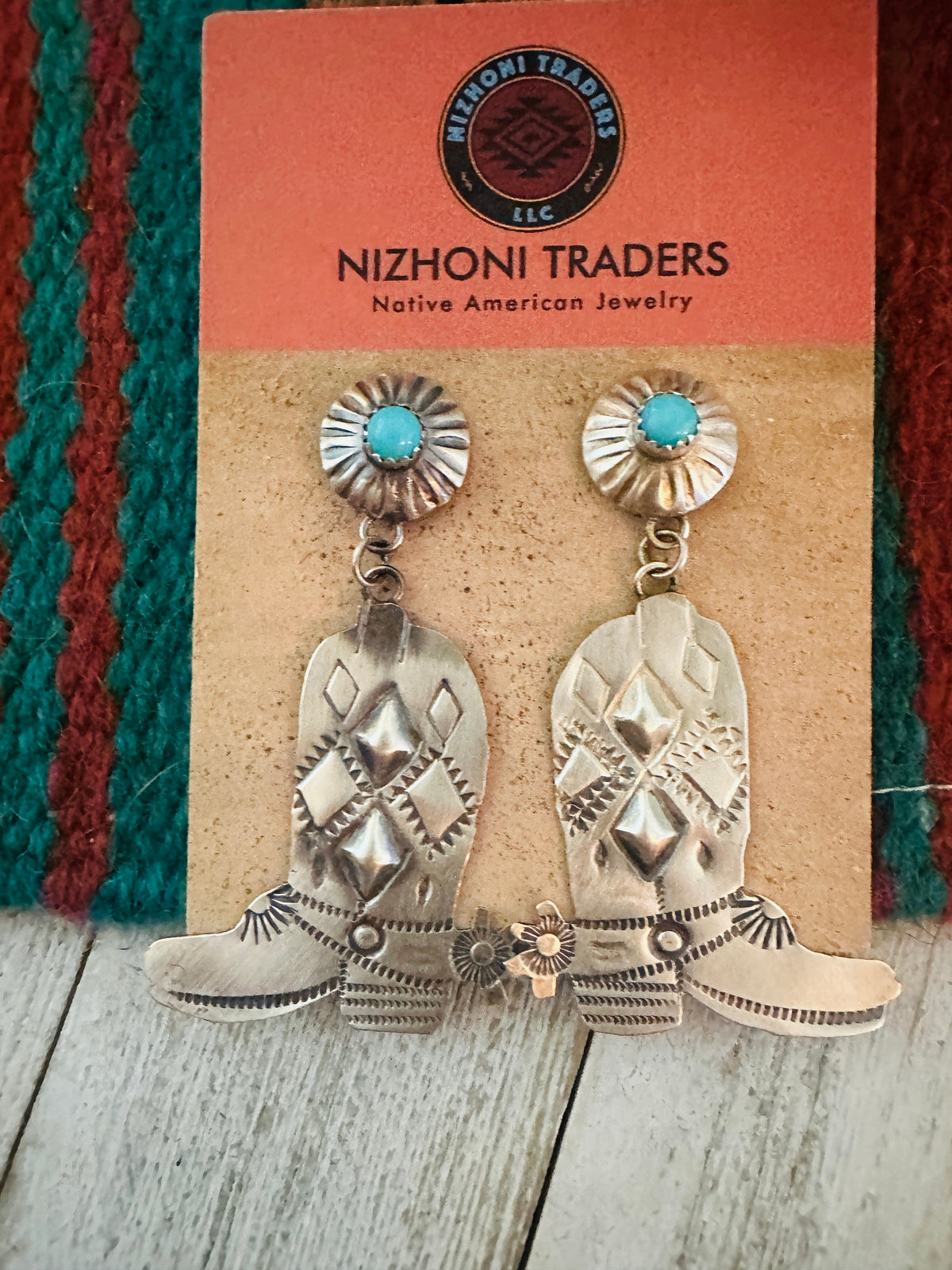 Handcrafted Turquoise & Sterling Silver Cowboy Boot Dangle Earrings By Tim Yazzie