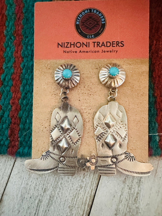 Handcrafted Turquoise & Sterling Silver Cowboy Boot Dangle Earrings By Tim Yazzie