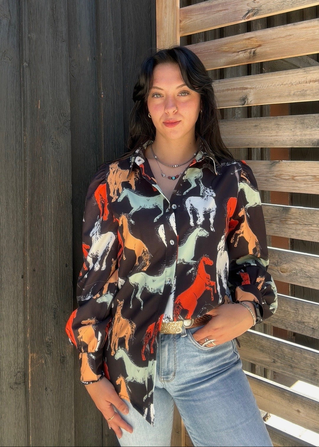 Off To The Races Horse Print Blouse - Black