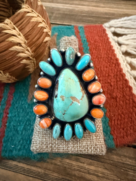 Handcrafted Spiny Oyster, Turquoise & Sterling Silver Cluster Ring by Sheila Becenti Size 11.25