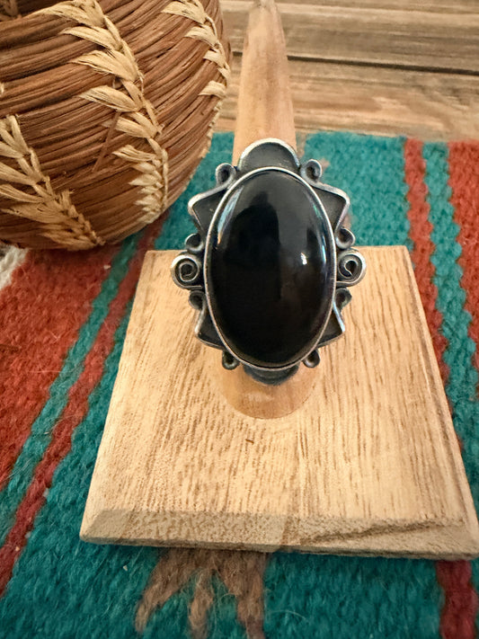 Handcrafted Black Onyx & Sterling Silver Ring Size 6.75
