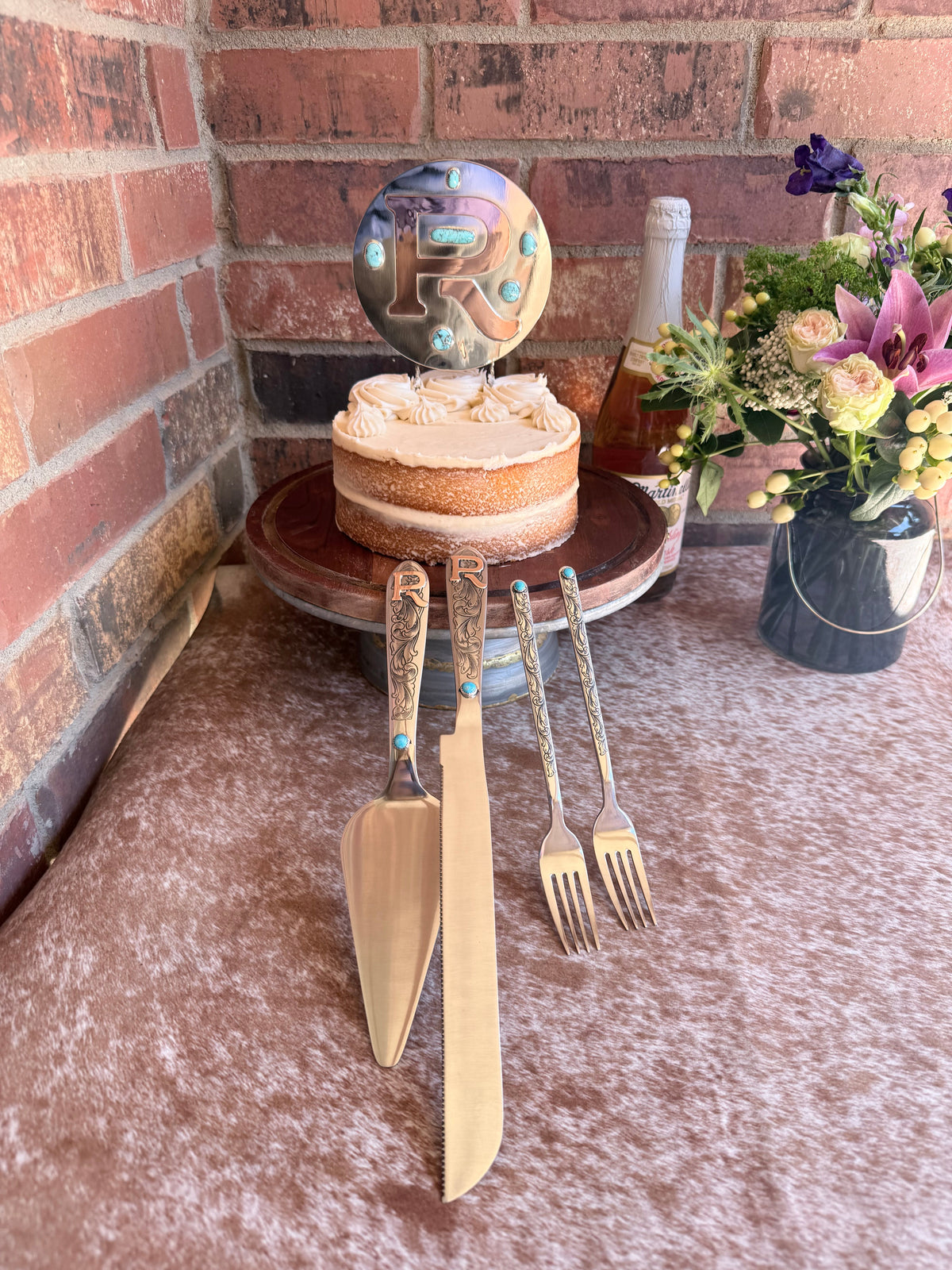Wedding Cake Forks - Genuine Turquoise Engraved Fork Set | Ready to Ship