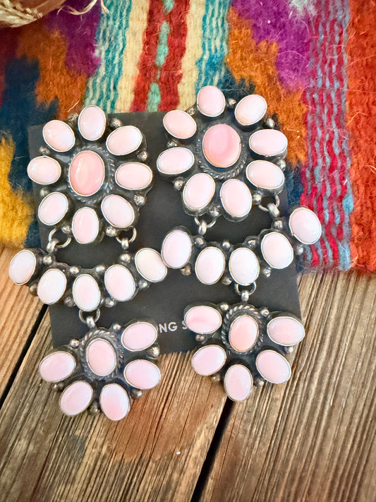 Handcrafted Queen Pink Conch & Sterling Silver Cluster Dangle Earrings
