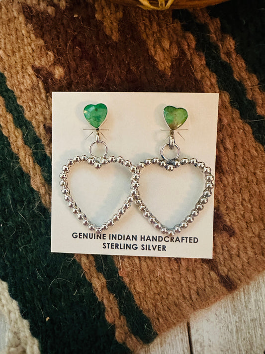 Handcrafted Sonoran Gold Turquoise & Sterling Silver Heart Dangle Earrings