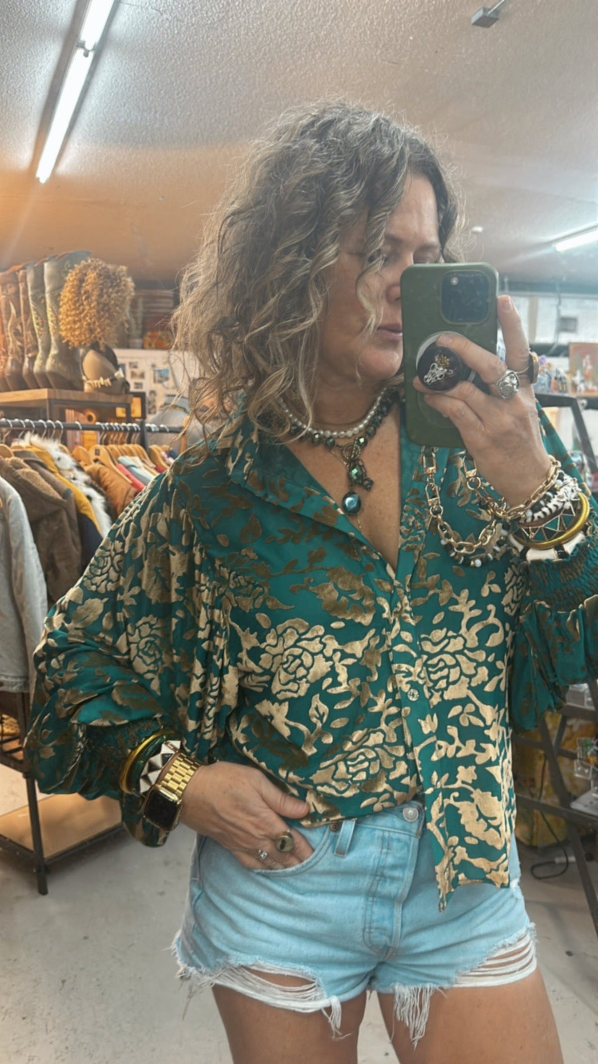After Midnight Burnout Velvet Mesh Balloon Sleeve Button Up Blouse