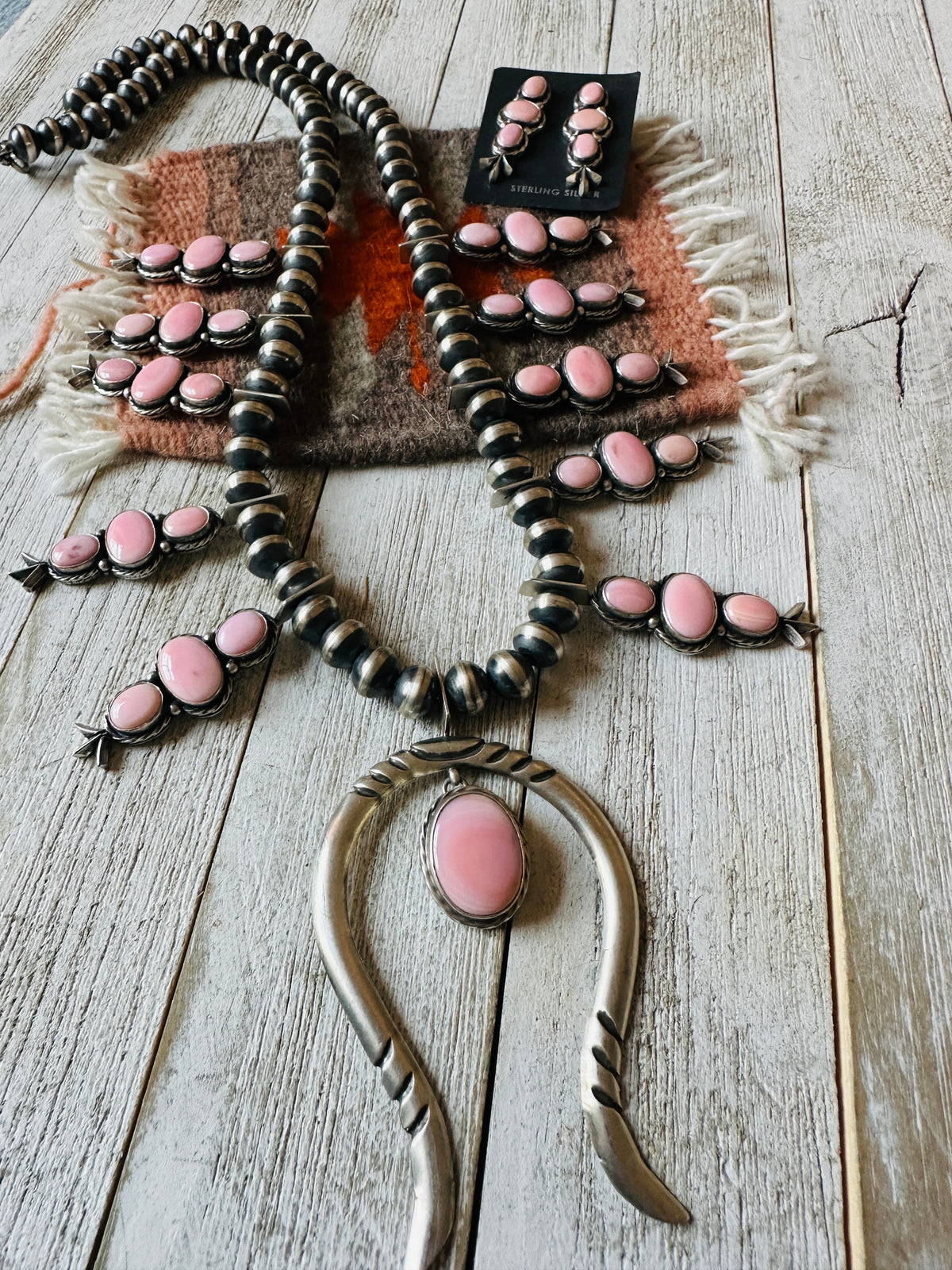 Handcrafted Sterling Silver & Queen Pink Conch Squash Blossom Necklace Set