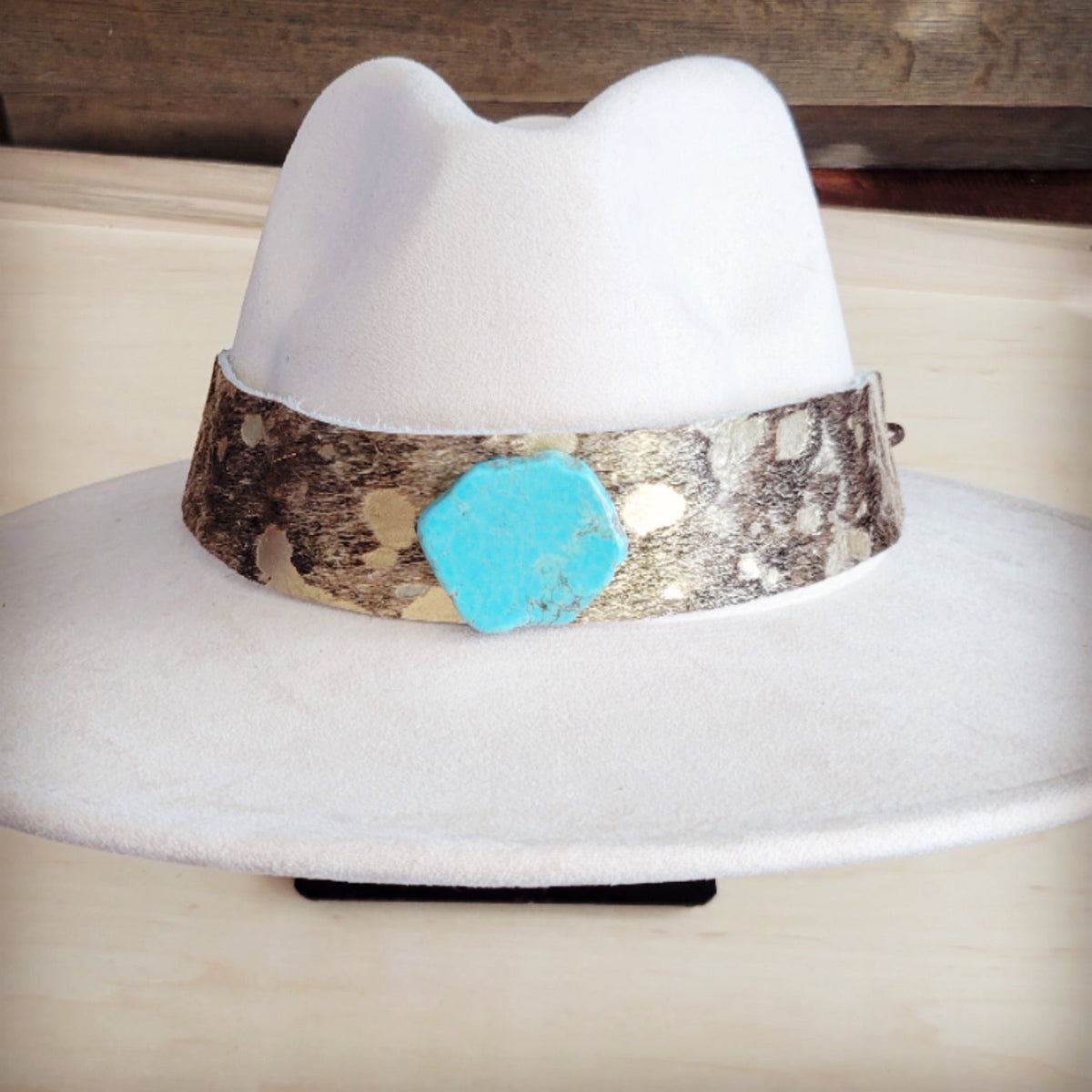 Wide Genuine Leather Mixed Metallic Hat Band w/ Turq 953t
