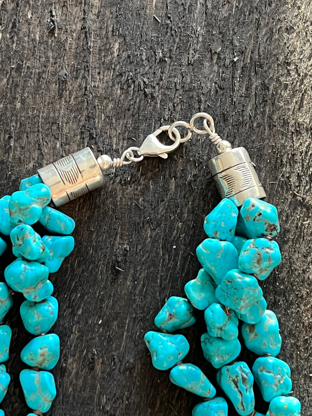 Handcrafted Sterling Silver Pink Conch Chief and Triple Strand Turquoise Nugget Bead Necklace by Patrick Yazzie