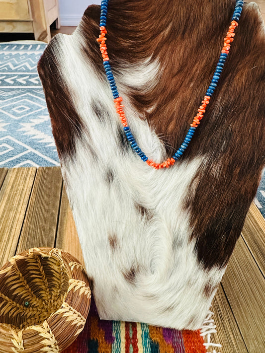 Handcrafted Lapis, Coral & Sterling Silver Beaded 16” Necklace