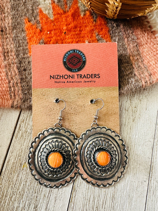 Handcrafted Orange Spiny and Sterling Silver Concho Dangle Earrings