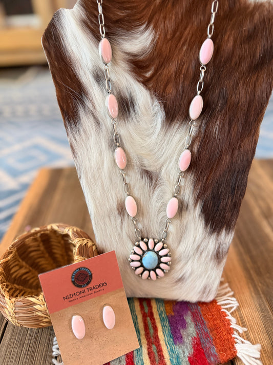 Handcrafted Queen Pink Conch, Turquoise & Sterling Silver Cluster Necklace Set