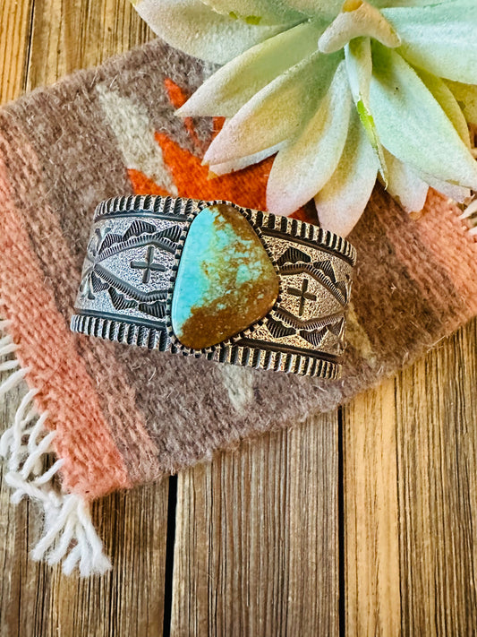 Handcrafted Royston Turquoise & Sterling Silver Tufa Cast Cuff Bracelet Signed