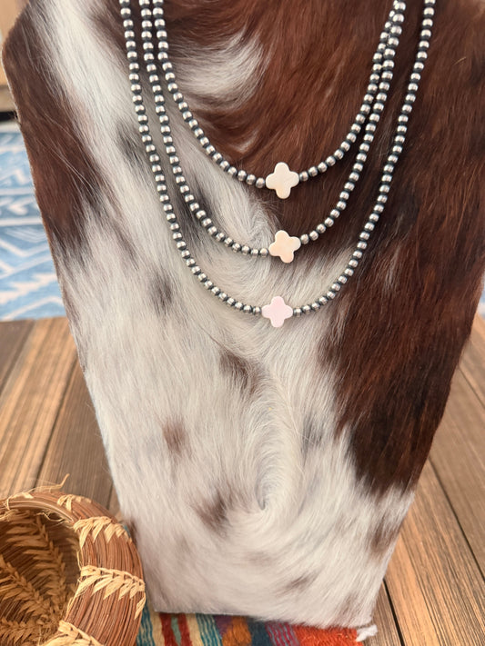 Handcrafted Queen Pink Conch and Sterling Silver Pearl Quatrefoil Beaded Necklace